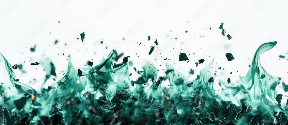 Poster vibrant teal splashes and shards of glass create a dynamic wave against a crisp white background sho