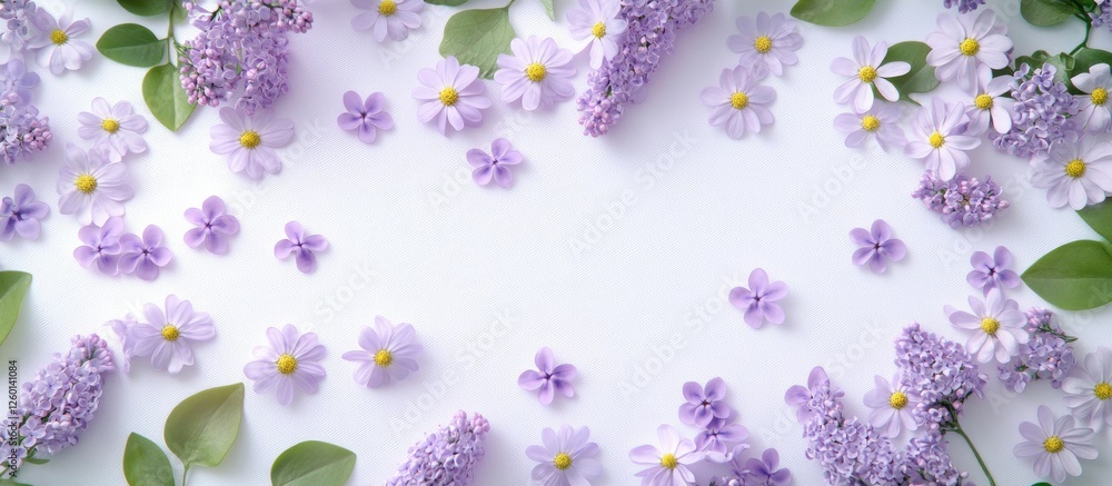 Aufkleber Chamomile branches and lilac petals arranged on a white background with soft purple and green tones creating a serene flat lay composition.