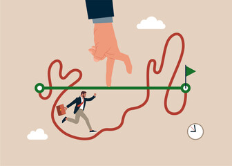 Businessman competing with hand running on straight easy way and other on hard messy path.Easy or shortcut way to win business success or hard path and obstacle.