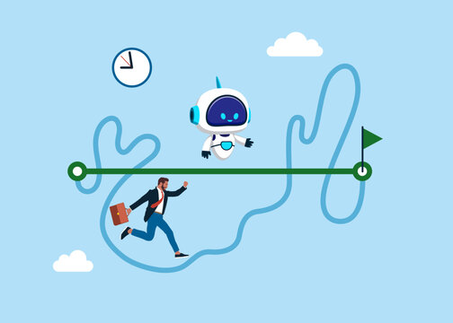 Businessmen competing with smart robot running on straight easy way and other on hard messy path.Easy or shortcut way to win business success or hard path and obstacle.