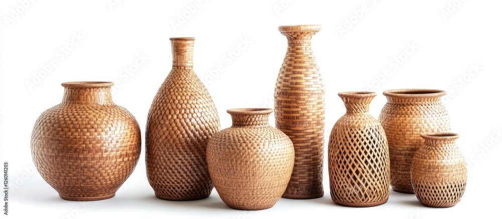 Leinwandbilder handwoven rattan vases in various shapes and sizes arranged in a row on a bright white background hi