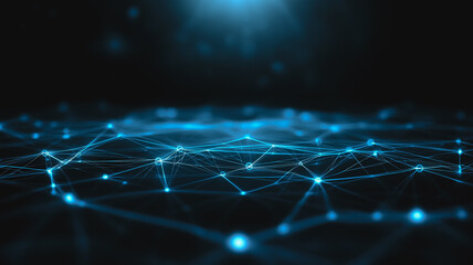 Digital Network Connection: Abstract illustration of a glowing blue digital network connection, nodes and lines forming a complex web.