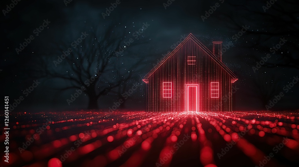 Poster cyberattack visualized as glowing red streams home environment digital nighttime abstract concept