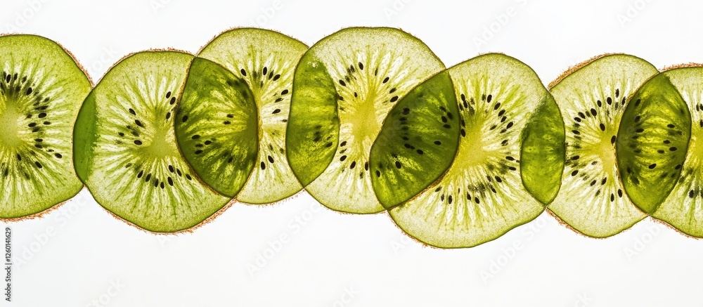 Poster Fresh green kiwi slices arranged in a horizontal line on a white background showcasing vibrant colors and intricate seed patterns.