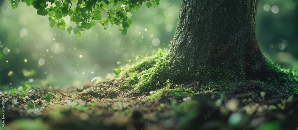 Poster lush green bokeh background with soft sunlight filtering through tree leaves highlighting vibrant mo