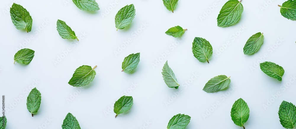 Poster vibrant green mint leaves scattered on a clean white background highlight their freshness and textur