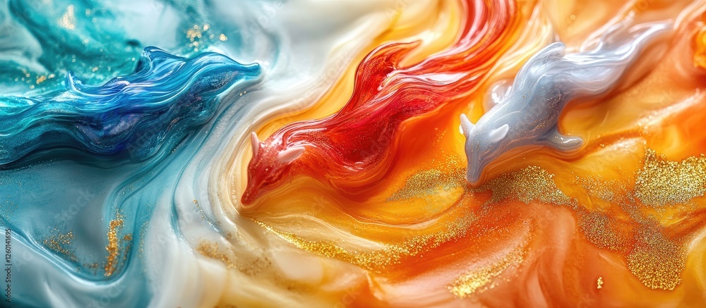 Aufkleber Colorful abstract wave patterns in blue, red, orange and cream flowing seamlessly, displaying depth and movement in a dynamic composition.