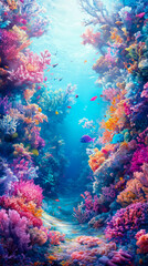 Obraz premium Underwater Paradise: A Vibrant Coral Reef Ecosystem teeming with Marine Life and an Abundance of Colorful Corals.