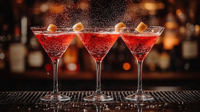 in the martini class a bartender is making and serving red cocktails cocktail cosmopolitan on a metal backdro