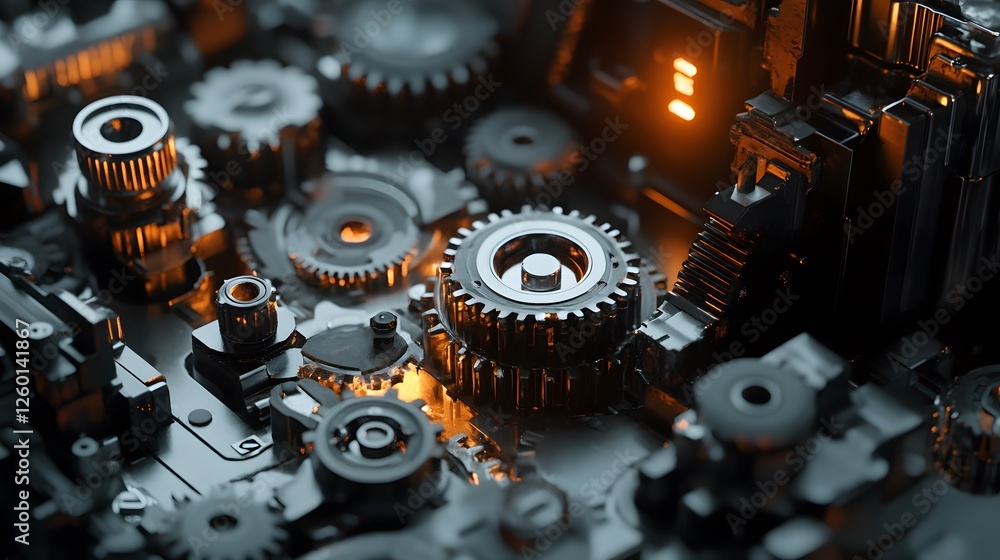 Poster d render of a complex mechanical gear system fae b fb dc addac