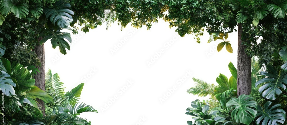 Poster tropical foliage frames vertical tree trunks in a lush green setting with vibrant leaves and a brigh