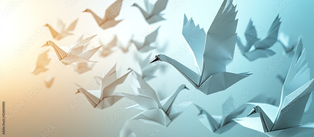 Leinwandbilder white origami cranes in flight in soft gradient blue and orange background creating a serene and art
