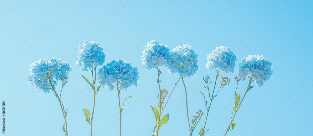 Poster delicate blue flowers in a row against a soft blue sky background showcasing their rounded blooms an
