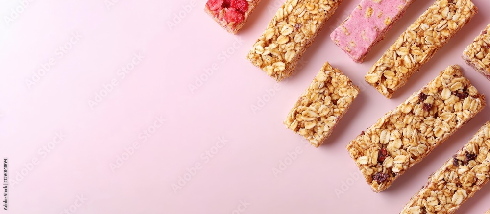 Aufkleber Assorted granola bars arranged diagonally on a soft pink background with ample copy space displaying a healthy snack concept.