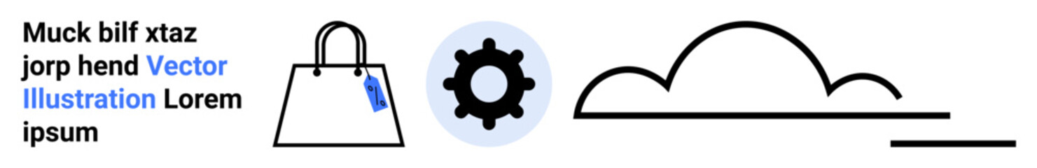 Shopping bag with tag, gear symbol for technology, cloud sketch for connection, simplicity. Ideal for e-commerce, technology, innovation, cloud computing, retail digital solutions flat landing page