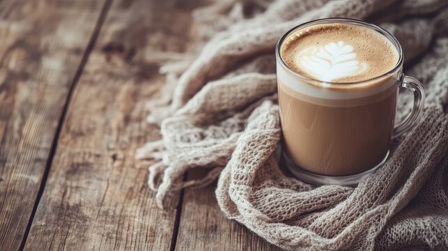 A thick foam topping on a latte with clean space on the table to the side for custom text.