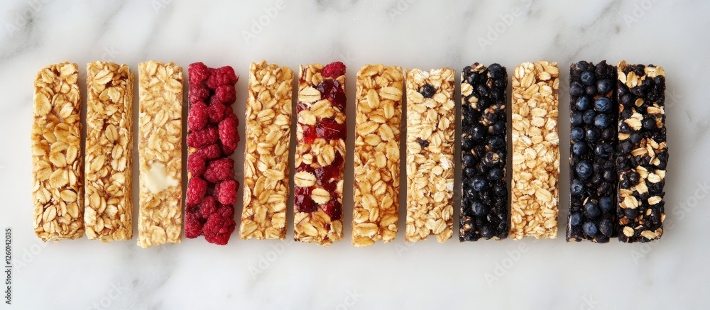 Poster Top view of a bright arrangement of granola bars with raspberry, blueberry, and plain variations on a white marble surface with shallow depth of field