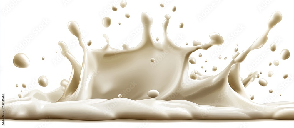 Aufkleber dynamic cream-colored milk splash centered on a white background, featuring droplets radiating outwa