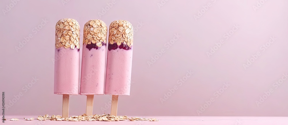Poster pink frozen yogurt popsicles topped with oats and blueberry jam arranged in a row against a soft pas