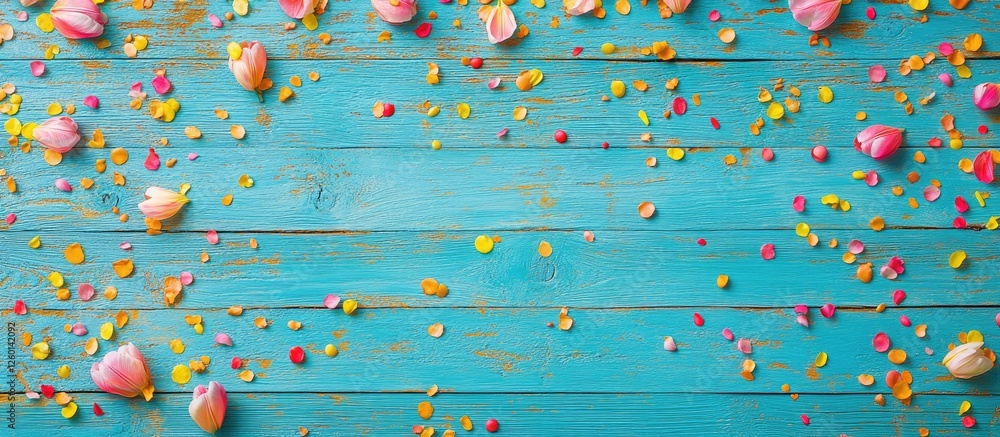 Aufkleber colorful tulip petals in pink and yellow arranged on a turquoise rustic wooden background creating a