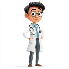 A cheerful cartoon doctor character wearing a white coat, stethoscope, and glasses, ready to take care of patients.