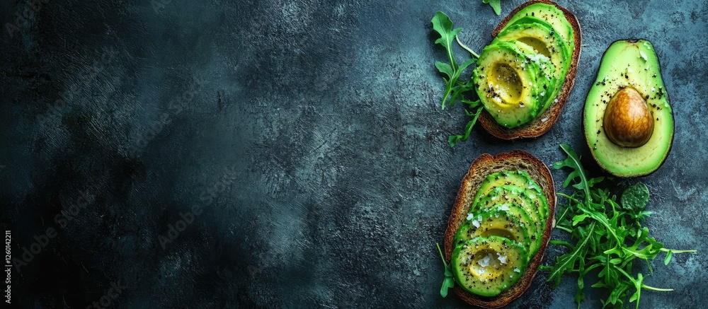 Poster sliced avocados on dark stone with green arugula garnish, featuring two halves and one whole avocado