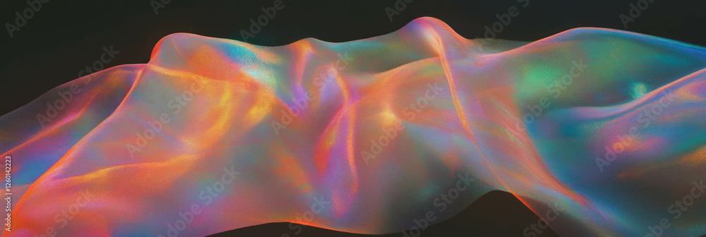 Aufkleber Iridescent fabric with shimmering threads and textured surface glows in soft lighting