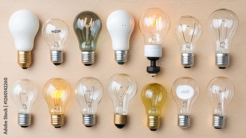 Poster a top-down view of a collection of assorted light bulbs placed in a circular pattern on a wooden sur