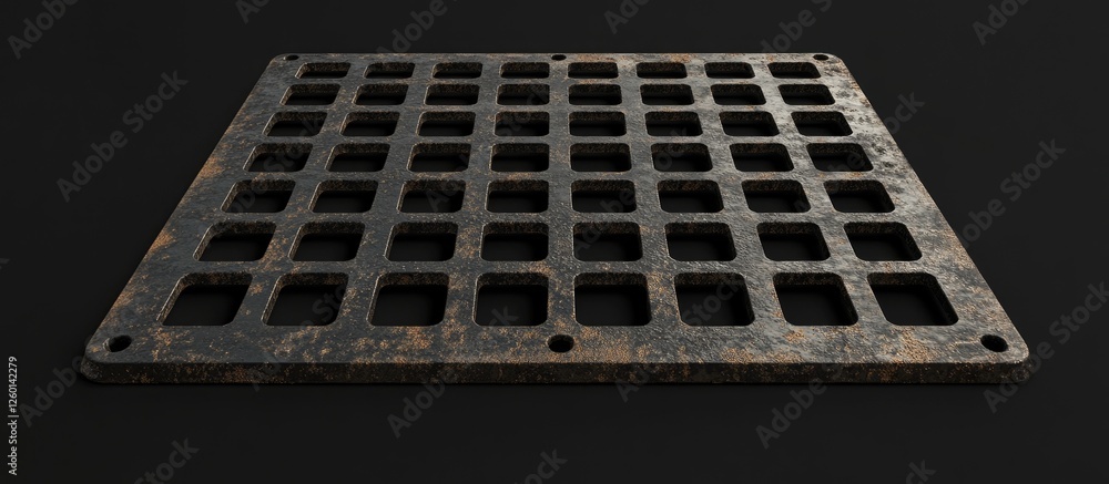 Poster rusty metal grating with square openings positioned centrally on a dark background showcasing aged t