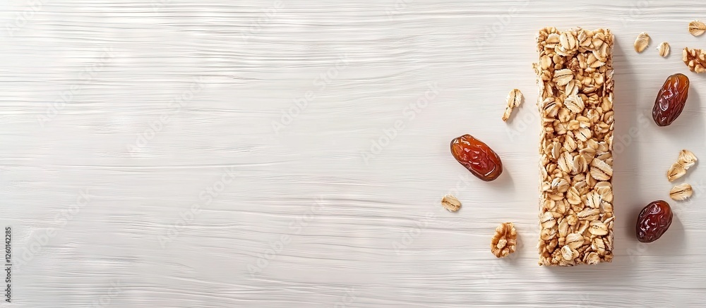 Poster granola energy bar with oats and nuts placed on a white wooden background, surrounded by dates and o