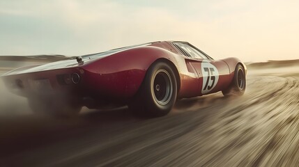 Classic racing car speeding on a dirt track during sunset, with dust clouds and dynamic motion