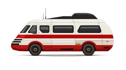 Fototapeta premium A side view of a retro-style camper van, featuring a white body with red stripes, designed for travel and adventure.