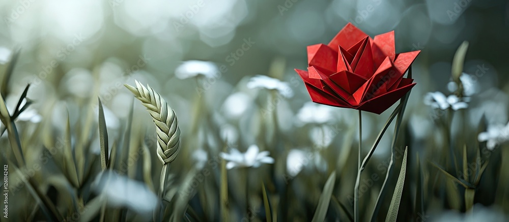 Poster vibrant red origami poppy in focus atop green grass field with delicate white flowers softly blurred