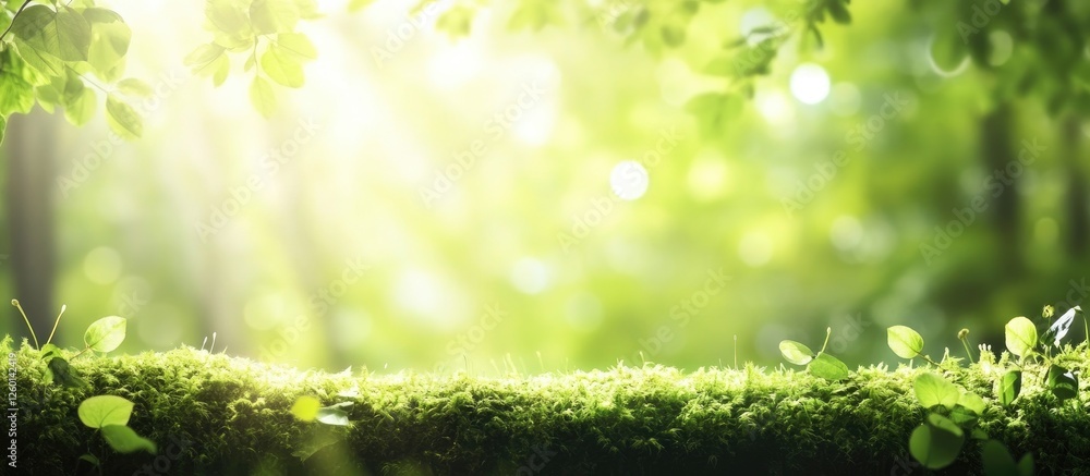Poster lush green moss with sunlit forest backdrop softly illuminated by bokeh, creating a serene depth of 