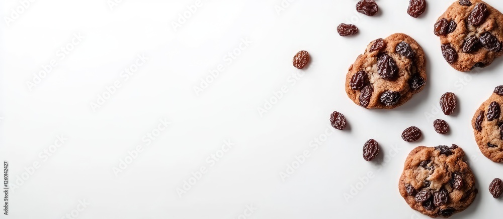 Aufkleber freshly baked raisin cookies arranged on a bright white surface with ample negative space for text, 