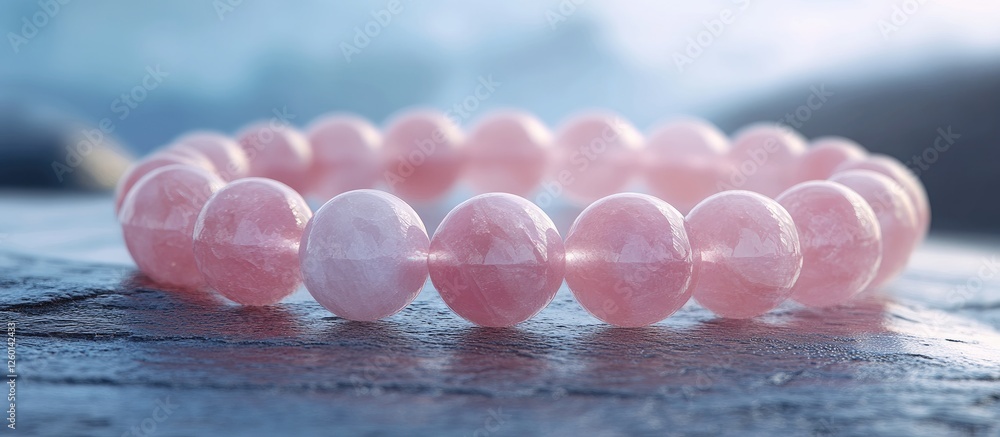 Poster pink rose quartz bracelet displayed on a smooth gray stone surface against a blurred natural backgro