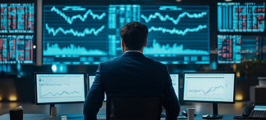Professional financial analyst reviewing stock market data on multiple screens, analyzing trends and making informed decisions in modern office environment