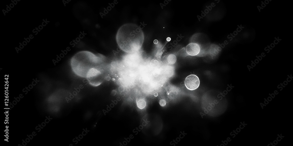 Poster Soft bokeh texture with halo effect and diffused sparkle on black background