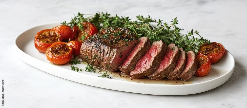 Poster sliced juicy roast beef displayed on a white platter with roasted tomatoes and fresh thyme garnishin