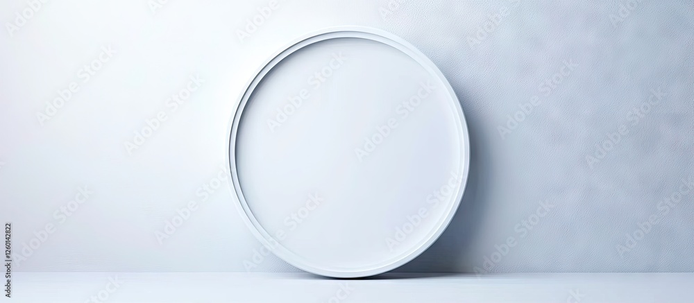 Poster empty round white frame positioned centrally against a smooth light gray background, ideal for desig