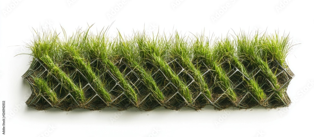 Poster green grass growing in vertical planters arranged in a zigzag pattern on a white background, showcas