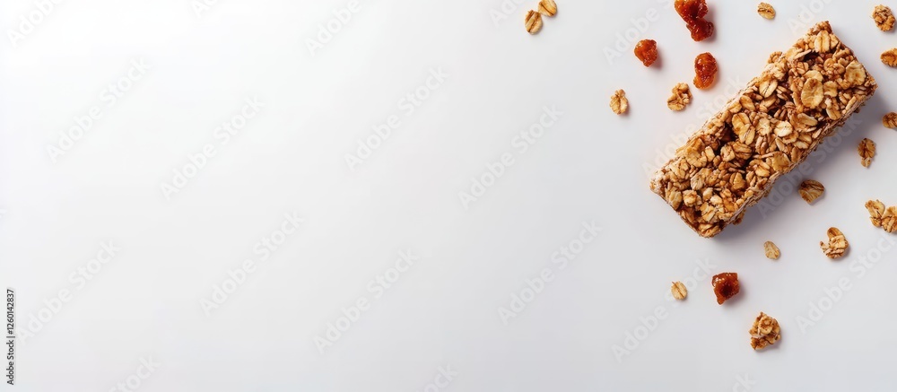 Poster assorted granola bars on white background with a single bar on the left and scattered ingredients to