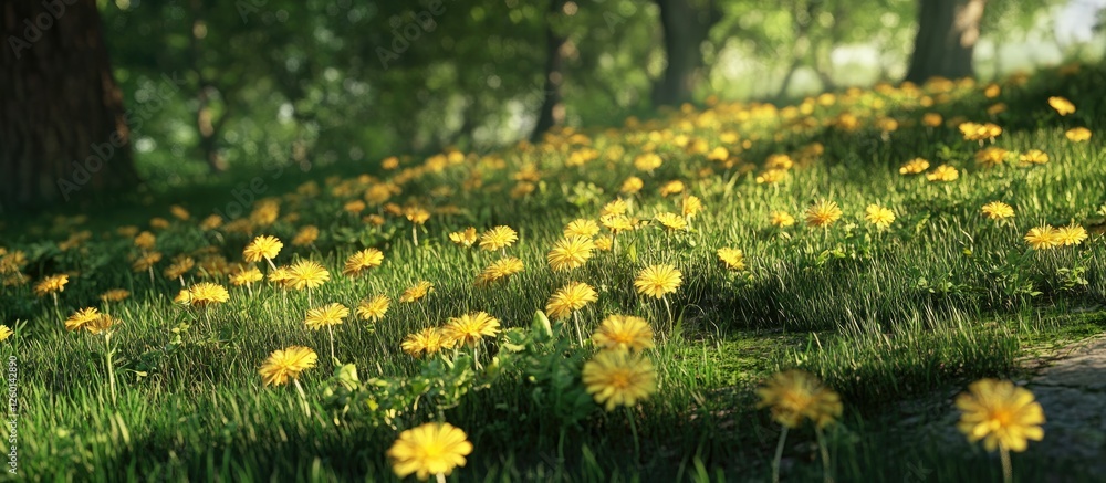 Poster vibrant green field dotted with bright yellow dandelions bathed in soft sunlight creating a warm and