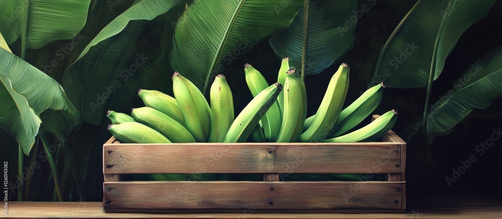 Poster neatly arranged vibrant green bananas in a rustic wooden crate on a table, with lush green leaves cr