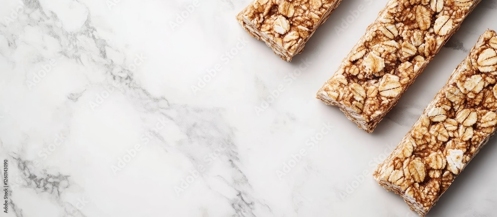 Poster granola bars arranged in a row on a white marble table with a soft focus background, featuring natur