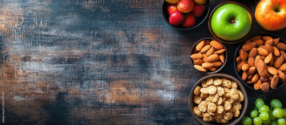 Poster assorted healthy snacks including almonds, dried fruits, and fresh apples arranged on a dark wooden 