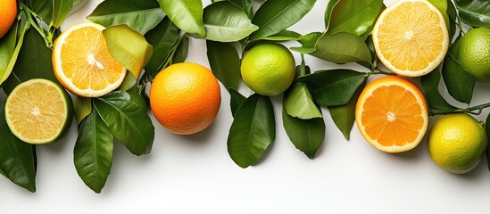 Vibrant citrus fruits including orange, lime, and lemon surrounded by fresh green leaves on a clean white background, arranged artistically.