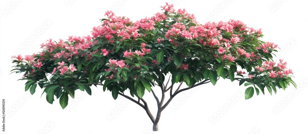 Poster tropical flowering tree with pink blooms and lush green leaves, showcasing a rounded shape isolated 