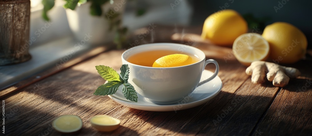 Poster lemon and ginger tea in a white cup with a mint leaf on a rustic wooden table surrounded by fresh le