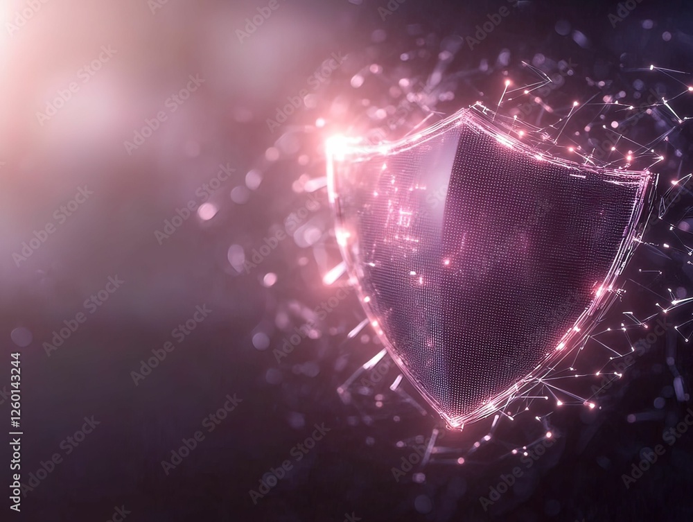 Poster futuristic iot device with glitchy warning in cyber environment digital shield technology close-up i